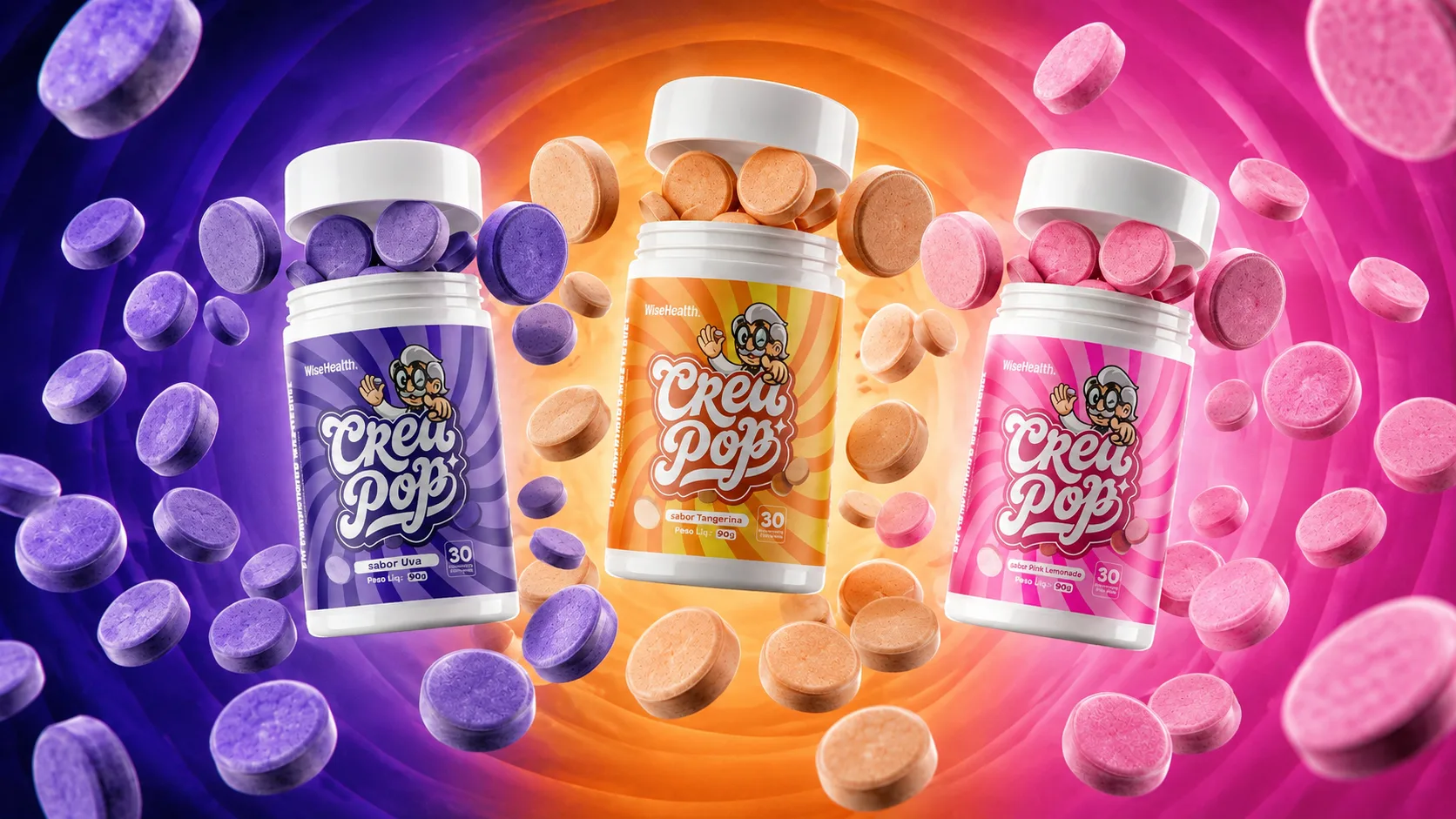 Os três potes CreaPop: Uva, Tangerina e Pink Lemonade