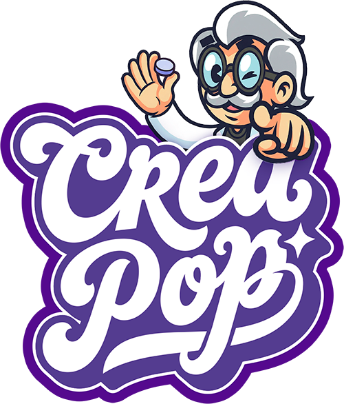 Mascote CreaPop, um cientista simpático segurando uma pastilha